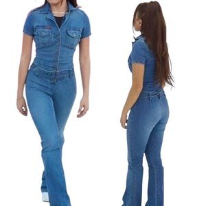 GUESS Vintage Y2K Stretch Denim Wide Leg Belted Button Up Jumpsuit JLO Medium